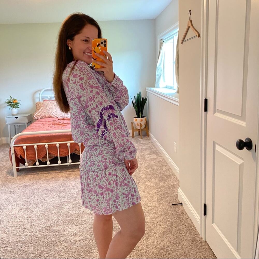 Hemant & Nandita Blue Purple Floral Sequin Smocked Long Sleeve Mini Dress XS - Picture 2 of 16